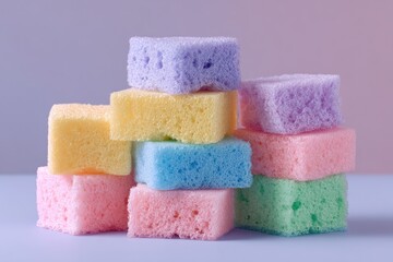 Stacked colorful pastel-hued sponge candy cubes