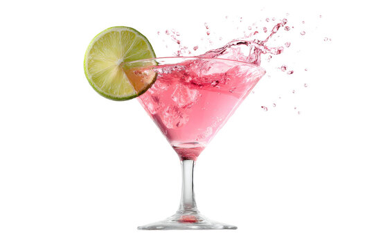 A pink cocktail in a martini glass with a lime wedge on the rim