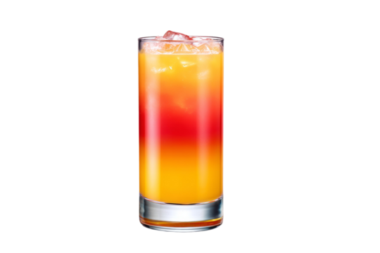 A glass of orange juice with ice cubes in it