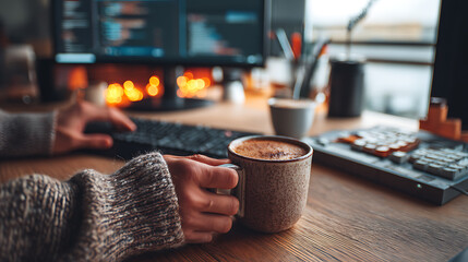 Person Working From Home With Coffee Near Fireplace