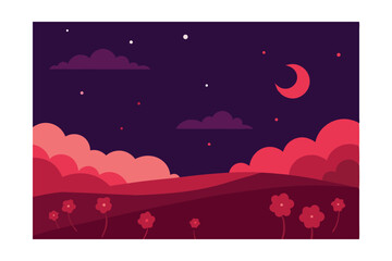Crimson Night Sky Over Flower Field Vector 