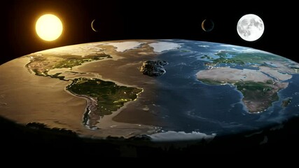 Flat Earth Model with Sun, Moon, and Asteroid Strike Animation - Powered by Adobe