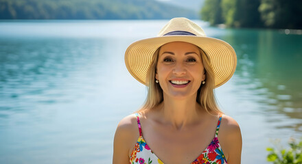 Smiling woman in straw hat by lake outdoor portrait