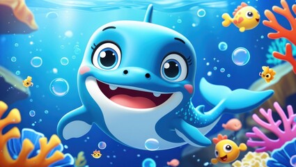 Obraz premium Playful, cartoon dolphin in an underwater scene.