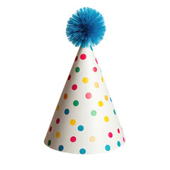 Party hat with colorful polka dots and a blue pom-pom.