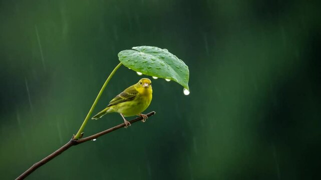 Serene moment of a yellow bird sheltering under a leaf during a refreshing rain