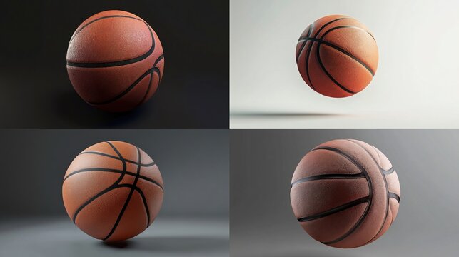 Four views of a basketball, two in dark backgrounds, and two on light backgrounds. Each ball is a similar worn orange color, with dark brown seams
