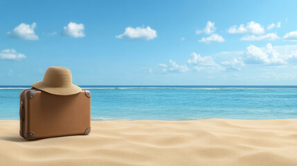 Suitcase, hat, sand, beach, and ocean under blue sky create relaxing summer vacation scene