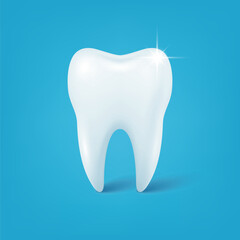 Vector Realistic White Tooth on Blue Background. 3d Clean Healthy Molar Icon for Dental Care, Dentist Clinic, Oral Hygiene, Teeth Whitening or Stomatology Poster Template