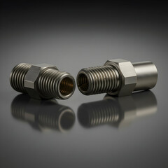 A close up studio shot of two metal pipe fittings with threaded ends on a reflective surface