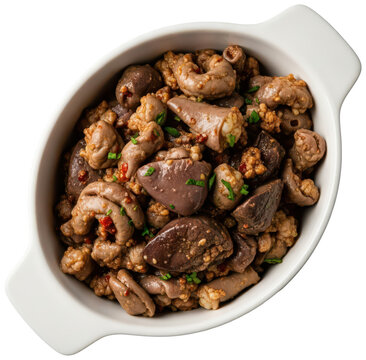 coratella main course in a white dish, on transparent background, delicious food italian recipe 