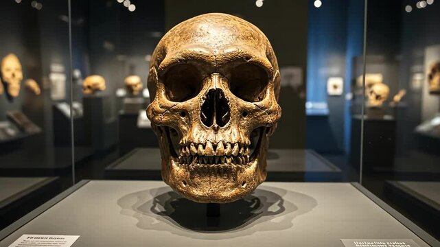 A detailed skull on display in a museum showcase.