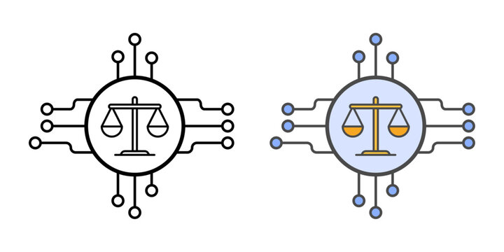 Scales of justice icon with AI lines representing intelligent legal balance, automated decision-making, and fairness in digital lawtech systems.