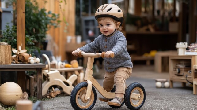 A young child is riding a wooden tricycle