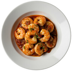 Fototapeta premium shrimps with orange, main course in a white dish, on transparent background, delicious food italian recipe 