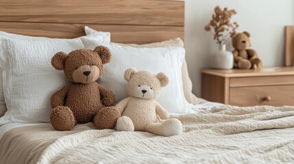 Two teddy bears are sitting on a bed