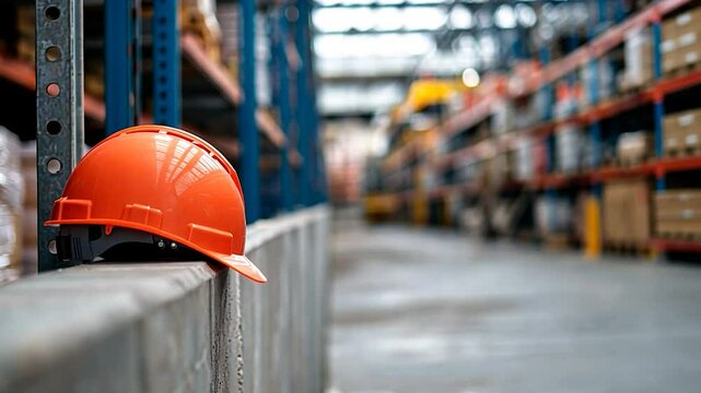 Hard hat on ledge in warehouse industry storage protection