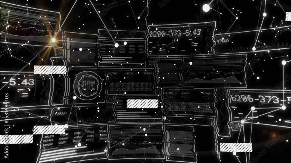 Poster data panels emerging after grid activation, flashing codes updating, pulsing flare receding grid