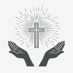 Black and White Open Hands with Cross and Divine Light, Symbol of Faith and Prayer. Design Template for Church Logo. Prayer, Religion Concept Monochrome Cut Out Silhouette Icon. Vector Illustration