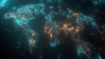 Fototapeta premium Glowing World Map with City Lights Concept