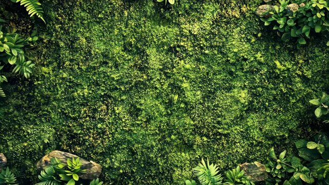 Lush green moss carpet framed by various plants and stones