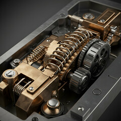 Naklejka premium A detailed view of the inner workings of a mechanical device with gears and springs visible inside