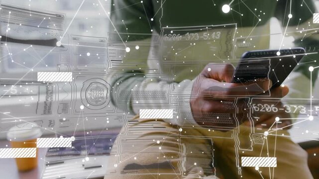 Man tapping smartphone screen and swiping, revealing animated network data visualization in lounge