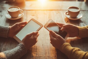 Cozy Coffee Shop Setting with Sun Flare and Two Hands Holding Digital Devices