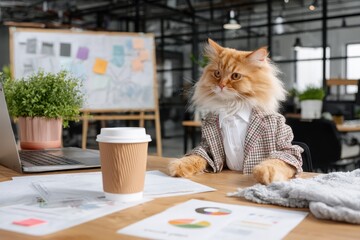 Clever Cat in Business Blazer Making Gestures at Office Desk with Coffee and Documents