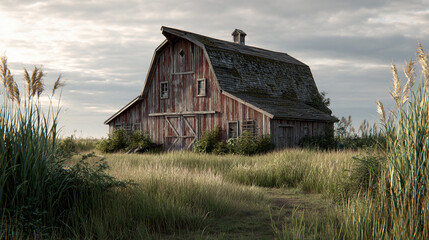 Rustic barn surrounded by tall grass in a tranquil landscape