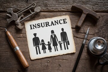 Family Representation and Insurance Concept with Vintage Tools on Wooden Background