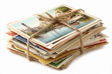 Vintage postcards collection tied with twine on a white background