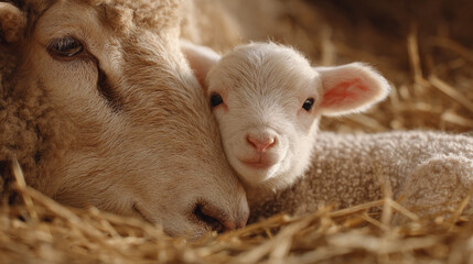 Mother sheep and her lamb resting together in cozy straw bedding