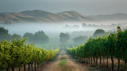 Vineyard landscape in morning fog with rolling hills and greenery