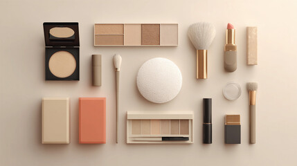 Makeup products arranged neatly on a neutral background