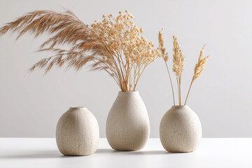 Decorative vases with dried flowers in modern setting