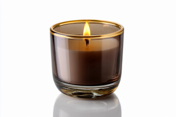 Elegant scented candle with warm flame glowing softly in glass holder
