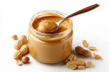 Delicious creamy peanut butter in a jar with a spoon