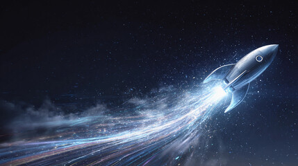 Rocket launches into space with vibrant trails of light