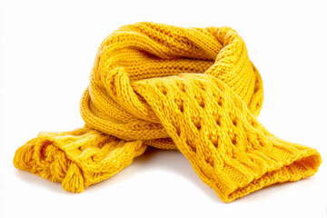 Cozy yellow knitted scarf draped elegantly on a white background
