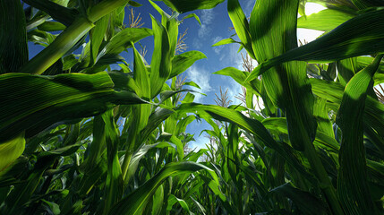 Cornfield view under clear blue sky in bright daylight
