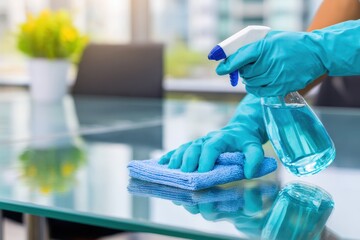 Hands in Blue Rubber Gloves Spraying Disinfectant on Glass Table Surface for Effective Cleaning