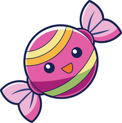 Obraz premium Colorful Striped Candy Illustration with Cute Smiling Face and Pink Bow Wrapper - Ideal for Confectionery Themes and Playful Design Projects