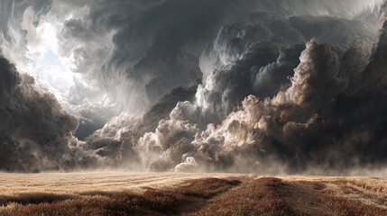 Dark storm clouds gathering over a vast golden field