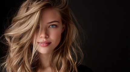 Beautiful young woman with flowing hair against dark background
