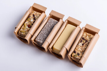 Delicious nut bars wrapped in eco-friendly packaging on display