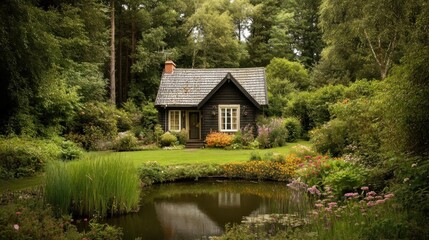 Obraz premium Quaint cabin nestled in lush garden by a pond