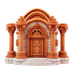 Obraz premium Intricately Carved Wooden Architectural Facade with Stone Steps and Ornate Columns