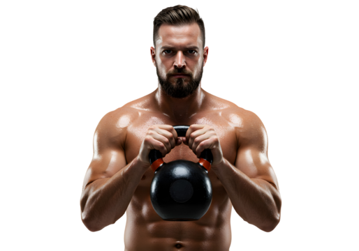 Strong Muscular Man Workout Lifting Kettlebell Fitness Exercise