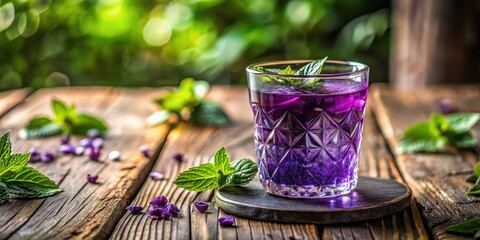 Refreshing Purple Herbal Beverage with Mint Garnish on Rustic Wooden Surface